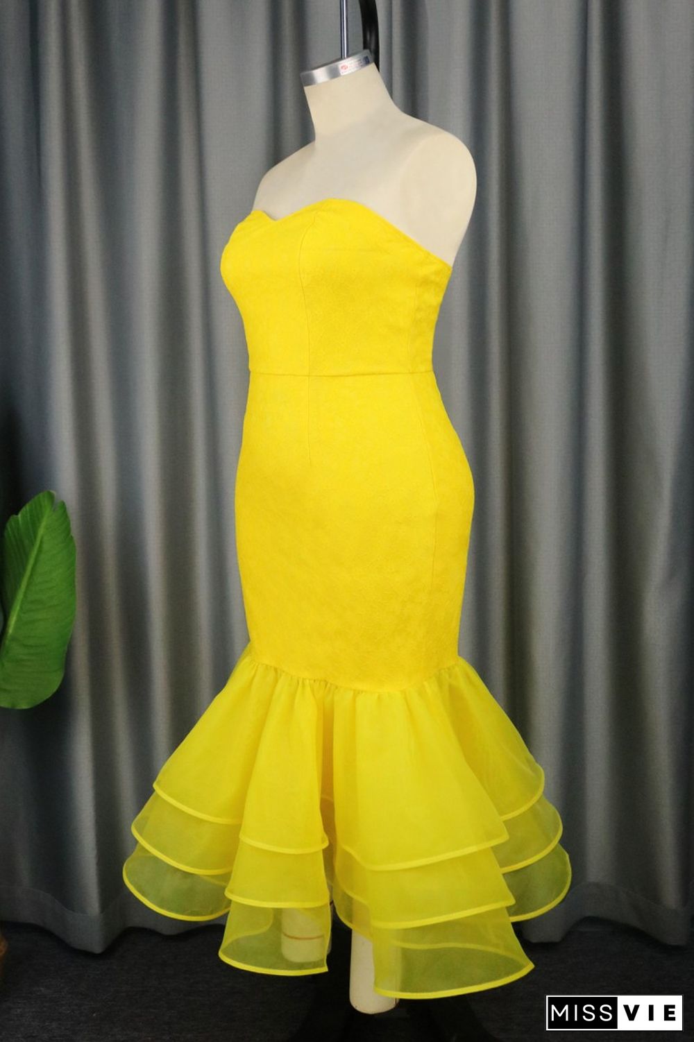 Yellow Sexy Formal Solid Patchwork Backless Strapless Evening Dress Dresses