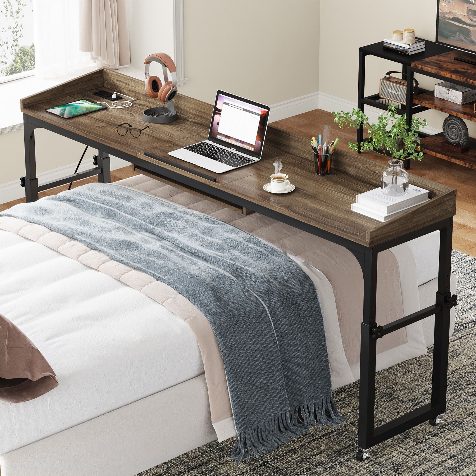 Height Adjustable Overbed Table with Wheels & Charging Station