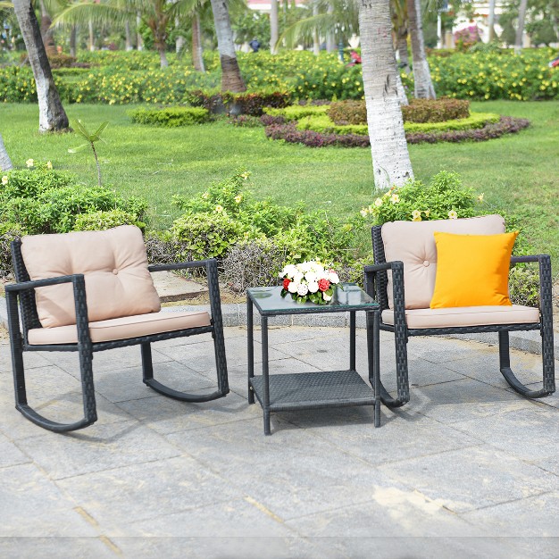 Costway 3pc Patio Rattan Conversation Set Rocking Chair Cushioned Sofa Garden Furniture