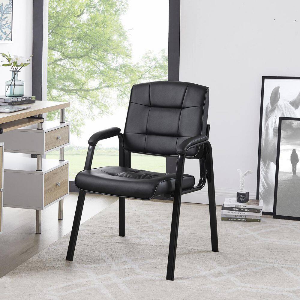 HOMESTOCK Black Office Guest Chair Set of 2 Leather Executive Waiting Room Chairs Lobby Reception Chairs with Padded Arm Rest 85456W