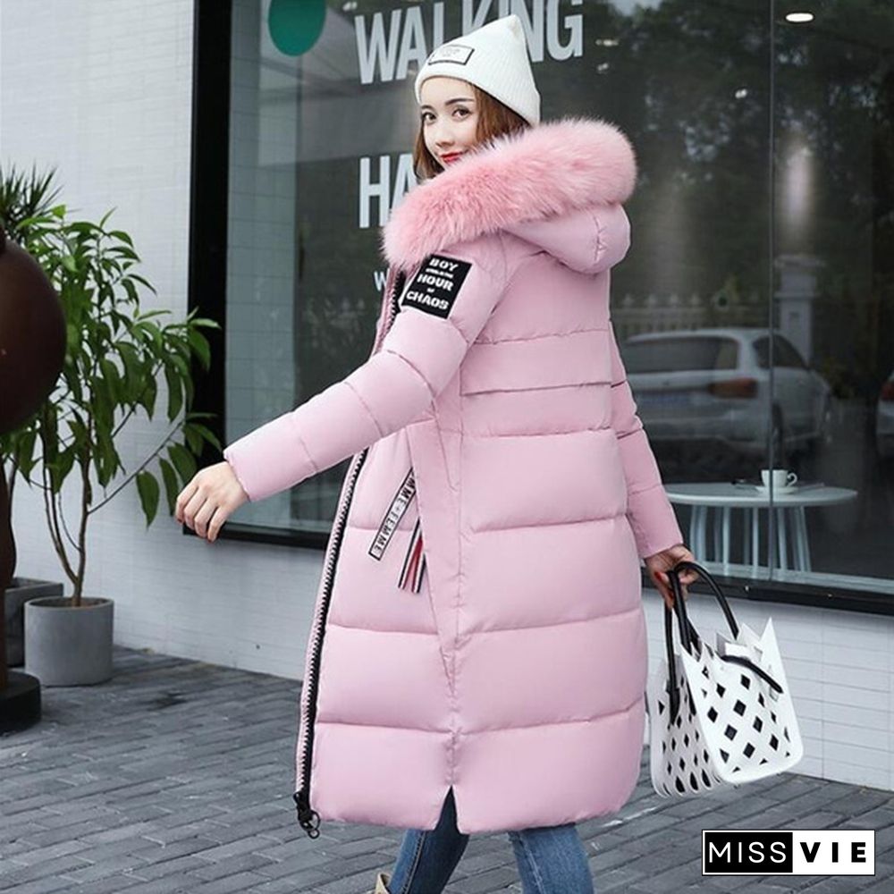 Winter New Woman Hooded Slim Large Fur Collar Long Ladies Cotton Coat Thick Coat Plus Size S-5XL