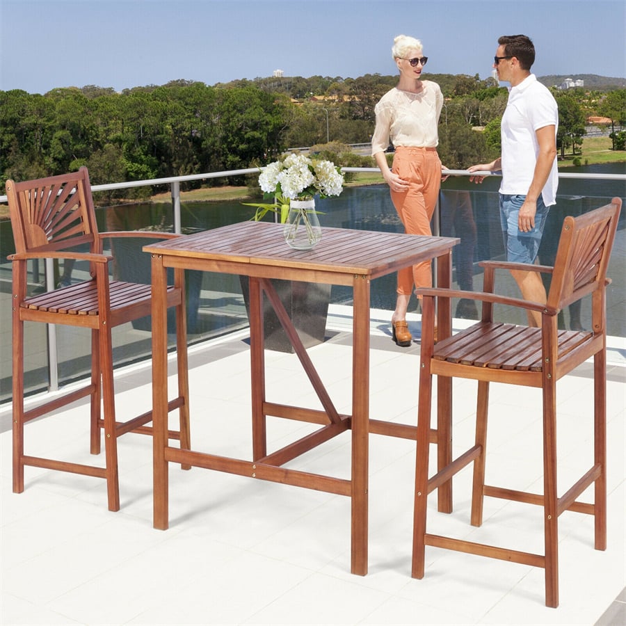 3 Pcs Acacia Wood Dining Set Outdoor Patio Bar Table Set Bistro Set with Two Bar Stools