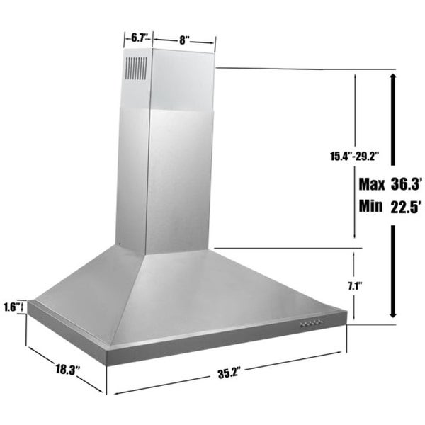 36 in. 450 CFM Ducted Wall Mounted Range Hood in Silver with 3 Filters