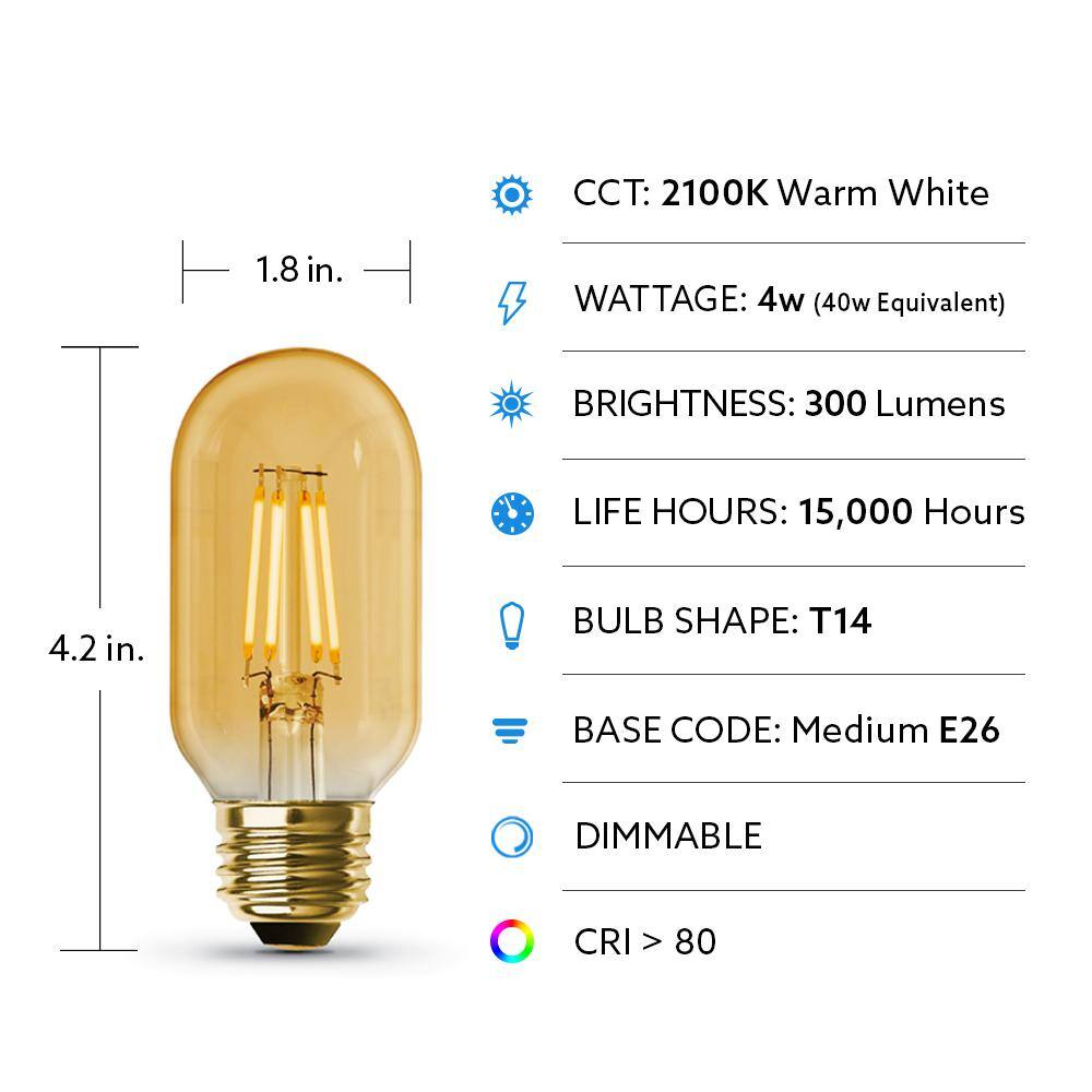 Feit Electric 40-Watt Equivalent T14 Dimmable Straight Filament Amber Glass Vintage Edison LED Light Bulb Warm White (4-Pack) T1440LEDHDRP4