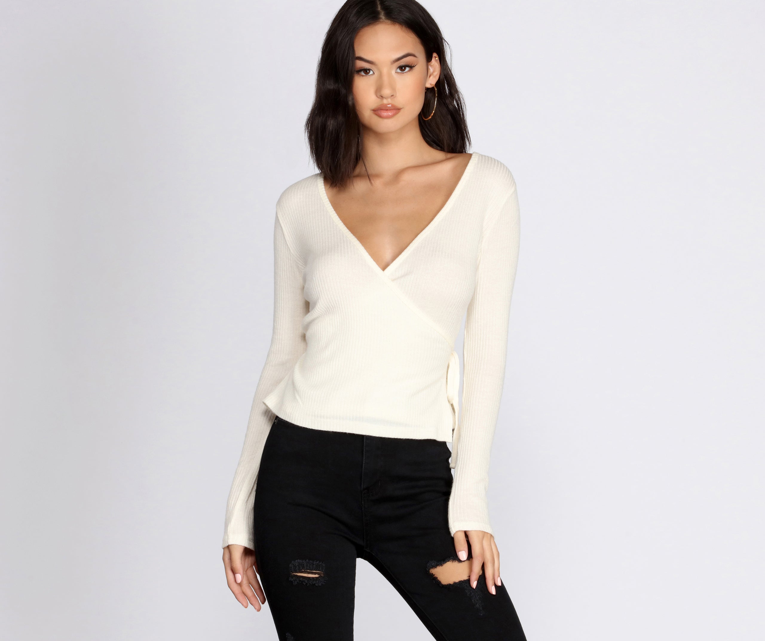 Ribbed Knit Tie Front Wrap Top