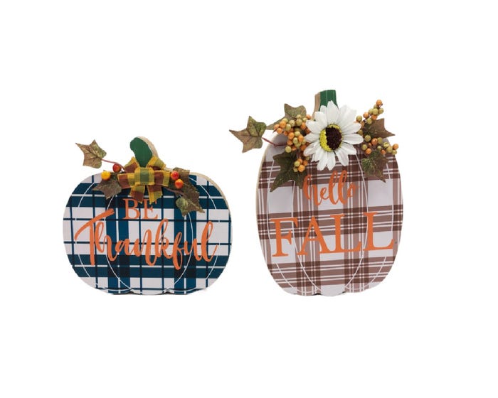 Four Seasons STEADY HOME™ MDF Harvest Pumpkin Plaque - 2 Assorted styles - Blue Thankful Plaid  Tan Hello Fall Plaid - 23TY13A2