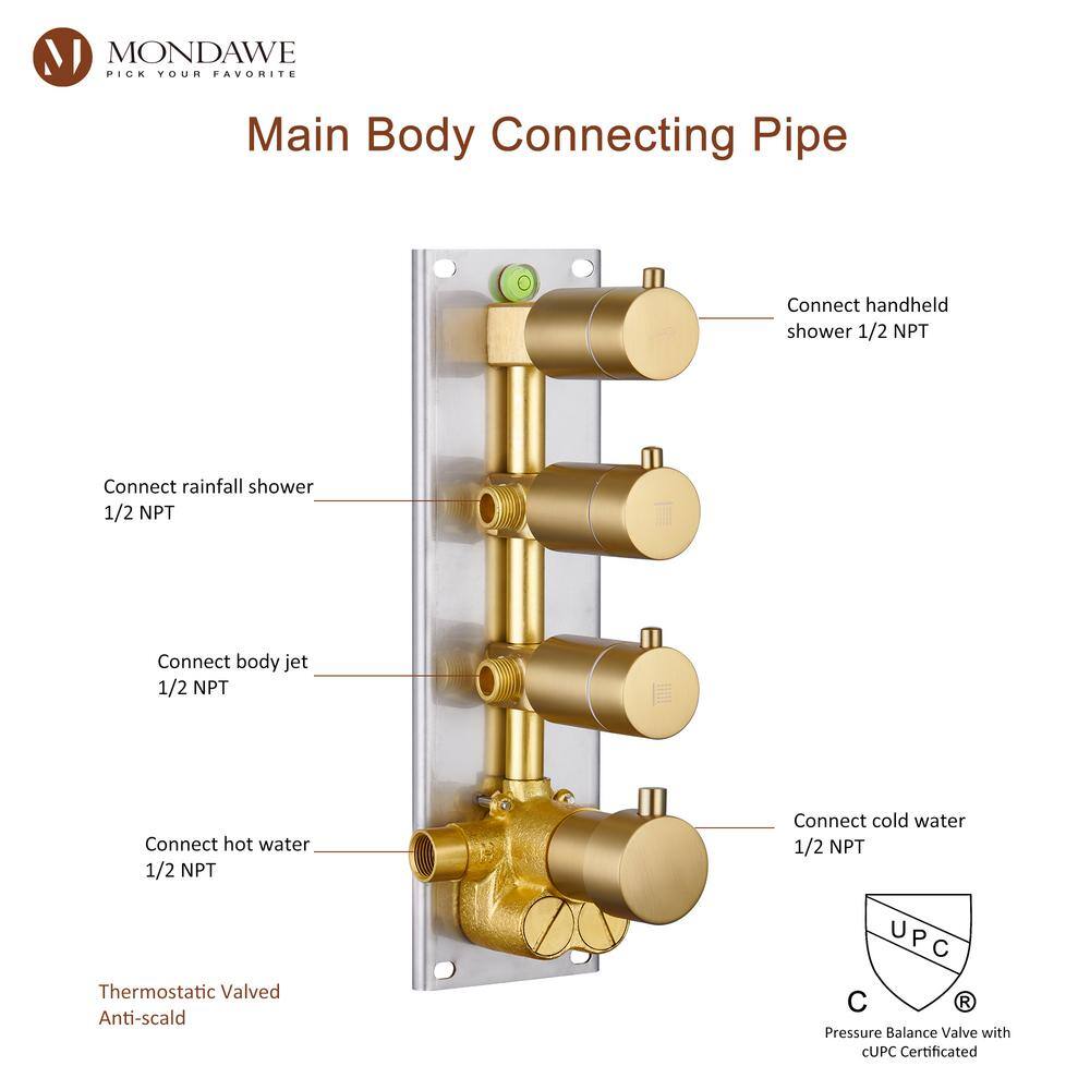 Mondawe Luxury LED Thermostatic 3-Spray Patterns 12 in. Wall Mount Rain Dual Shower Heads with 6-Jet in Brush Gold WF-6374-12-BG