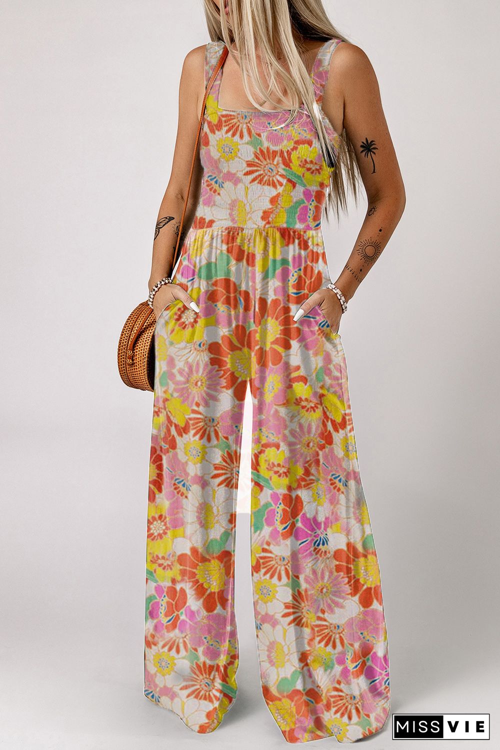 Multicolor Floral Print Shirred Sleeveless Wide Leg Jumpsuit