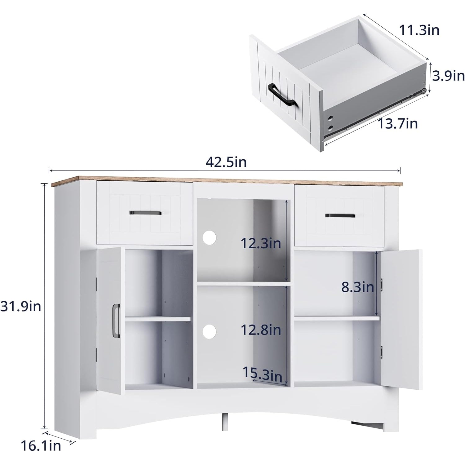 Buffet Storage Cabinet 42.5 inches Kitchen Buffet Table Sideboard with Adjustable Shelves, Accent Coffee Bar Cabinet