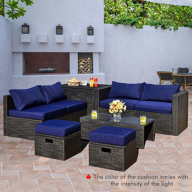 8 Pcs Rattan Wicker Outdoor Patio Furniture Sectional Sofa Set with Storage Box & Waterproof Cover