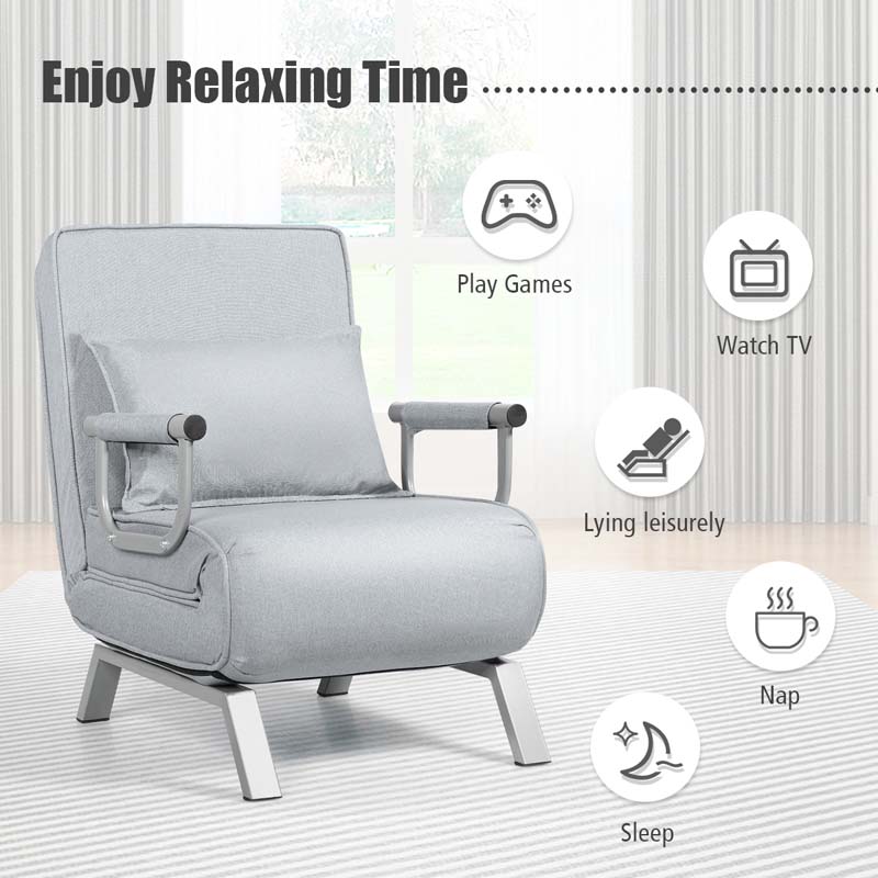 Folding Convertible Sofa Bed Sleeper Chair w/Pillow, 5-Position Armchair Chaise Lounge Couch