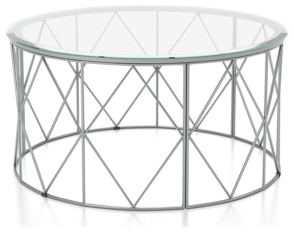 Contemporary Coffee Table  Diamond Patterned Base With Round Glass Top  Chrome   Industrial   Coffee Tables   by Declusia  Houzz