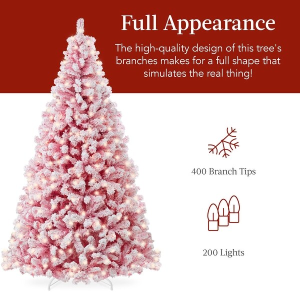 Prelit Pink Christmas Tree，Snow Flocked Holiday Decor w/ Metal Base