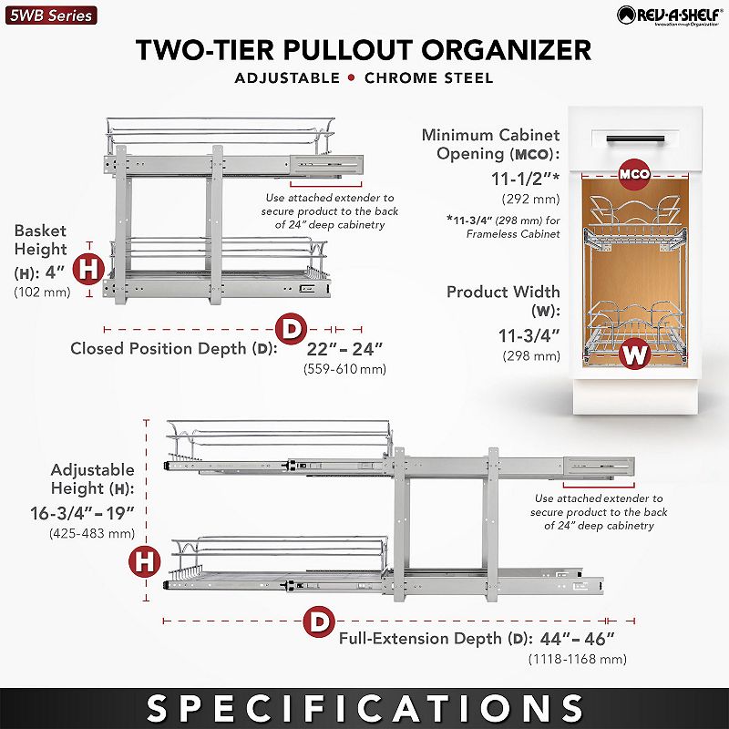 Rev-A-Shelf Kitchen Cabinet Pull Out Shelf Organizer， 12 x 22 In， 5WB2-1222CR-1