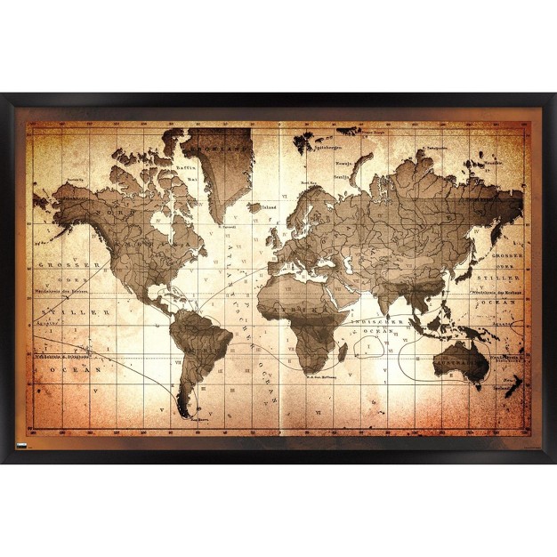 Trends International Map Brown Framed Wall Poster Prints