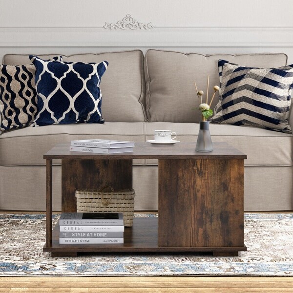 2 Tiers Square Coffee Table with Storage and Non-Slip Foot Pads-Rustic Brown - 31.5