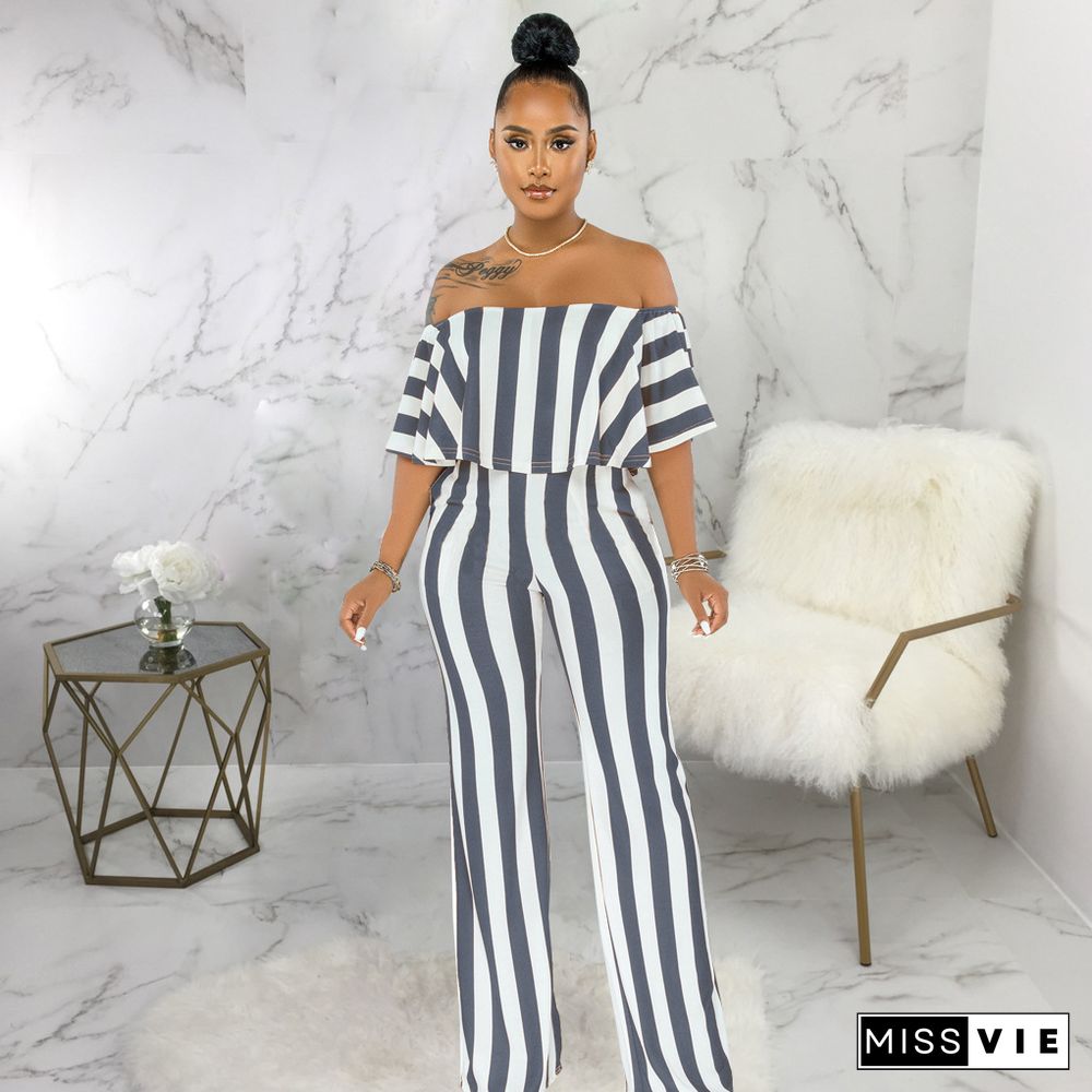 Striped Off Shoulder Wide Leg Jumpsuits