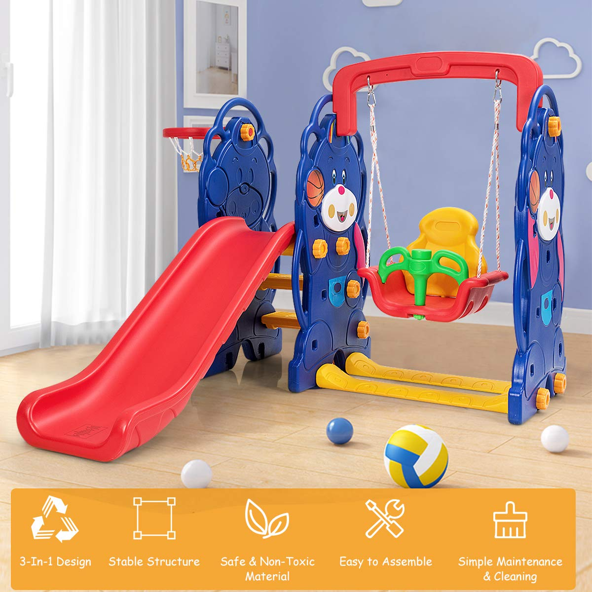 Costzon Toddler Climber and Swing Set, 4 in 1 Climber Slide Playset w/Basketball Hoop (3-in-1 Bear Slide & Swing Set)