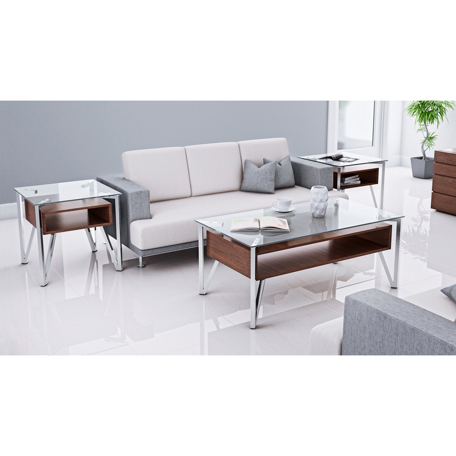 Hover Contemporary Coffee Table with Brushed Stainless Steel Frame, Walnut Wood Shelf, and Clear Glass Top