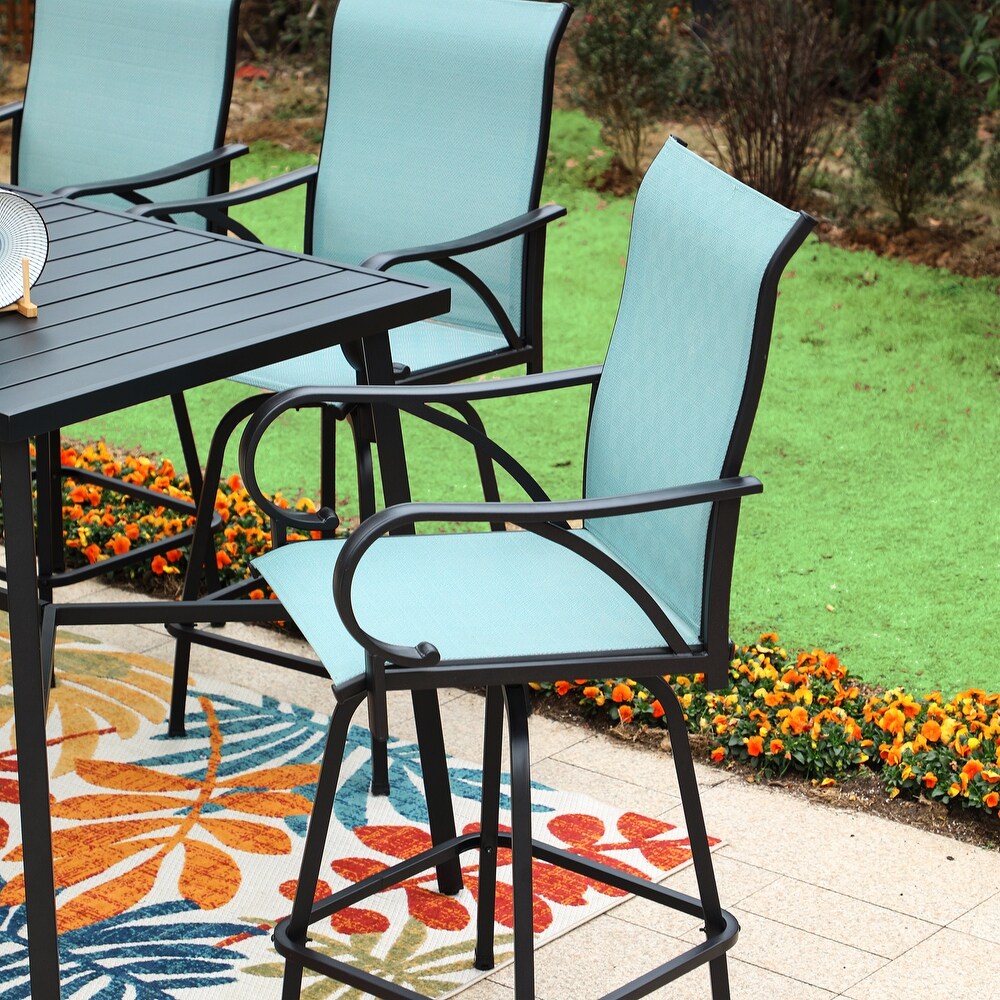 7 Piece Patio Bar Stool Set Wood grain Bar Table   Aqua Textilene Swivel Stools