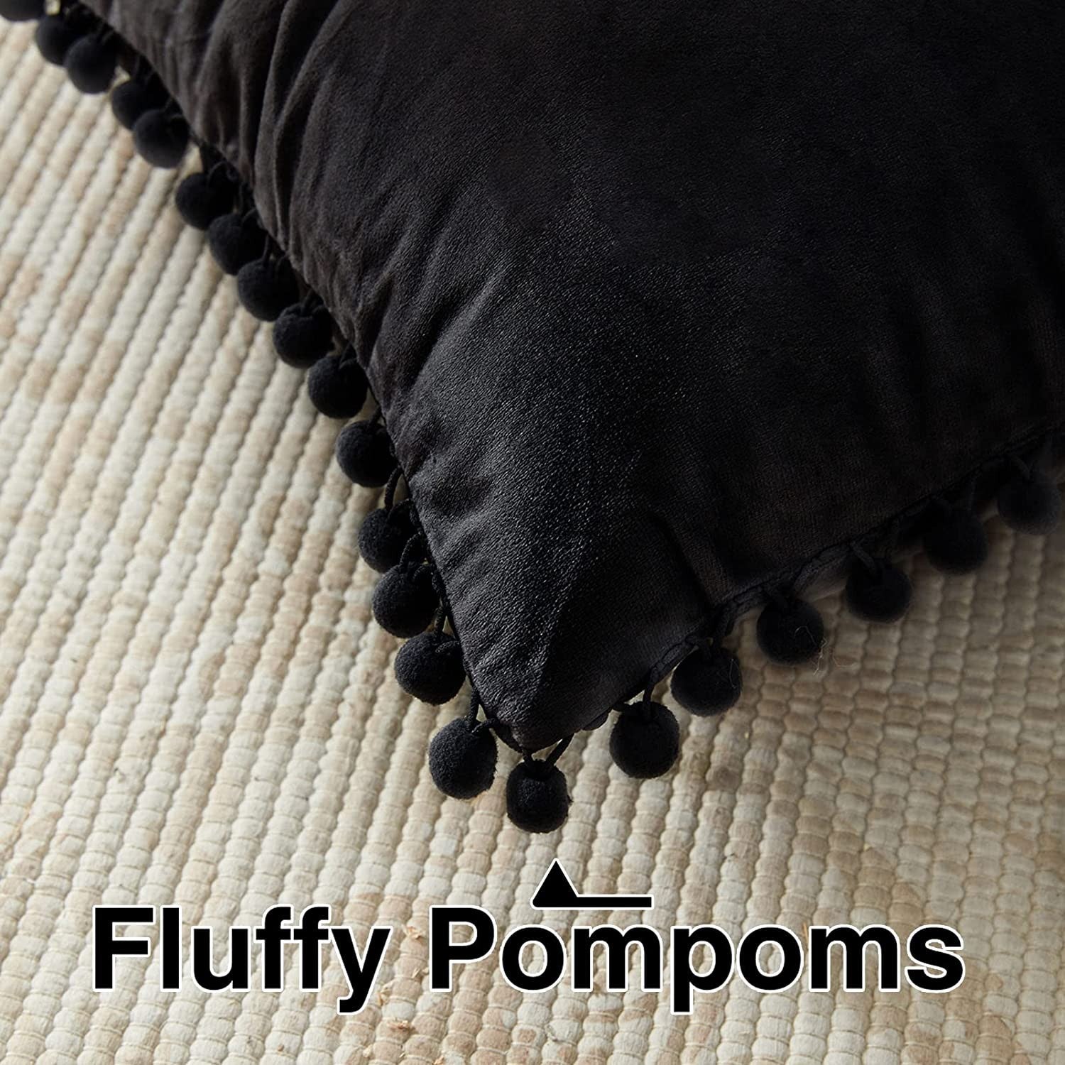 Top Finel Decorative Throw Pillow Covers for Couch Bed Soft Particles Velvet Solid Cushion Covers with Pom-poms 16 x 16 Inch, Pack of 2, Black