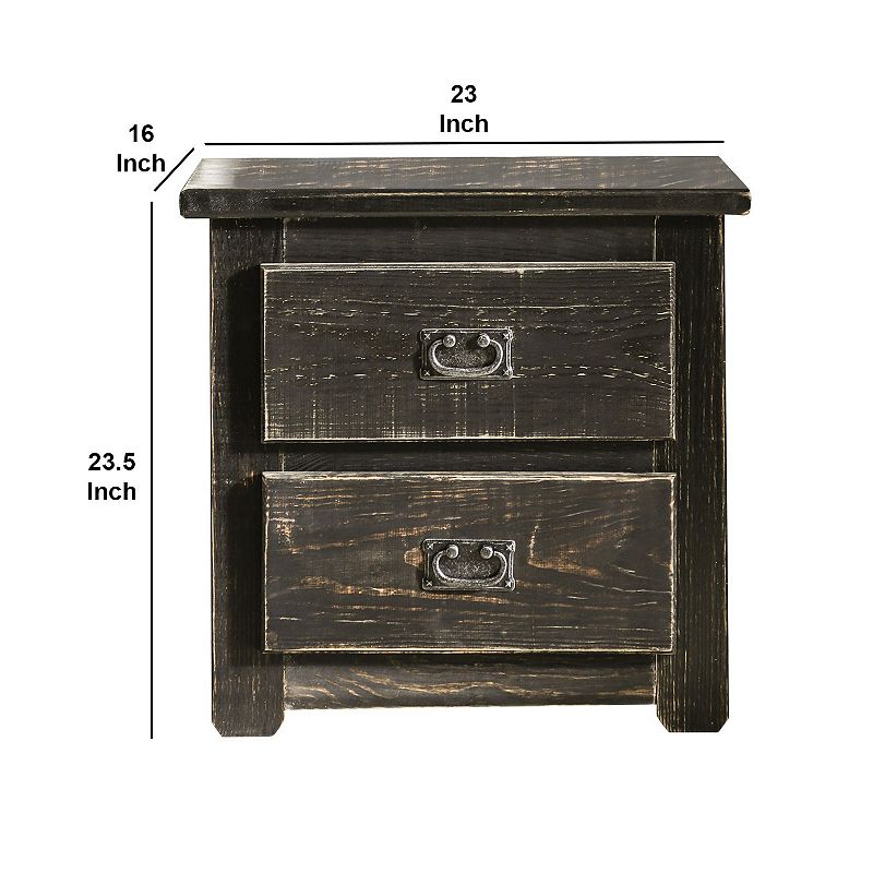 Plank Design 2 Drawer Wooden Nightstand with Bail Pulls， Black