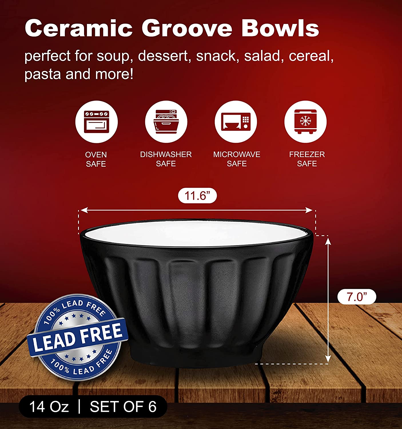 Bruntmor - Ceramic Groove Bowls - Cereal 14oz. Set of 6， Matte Black