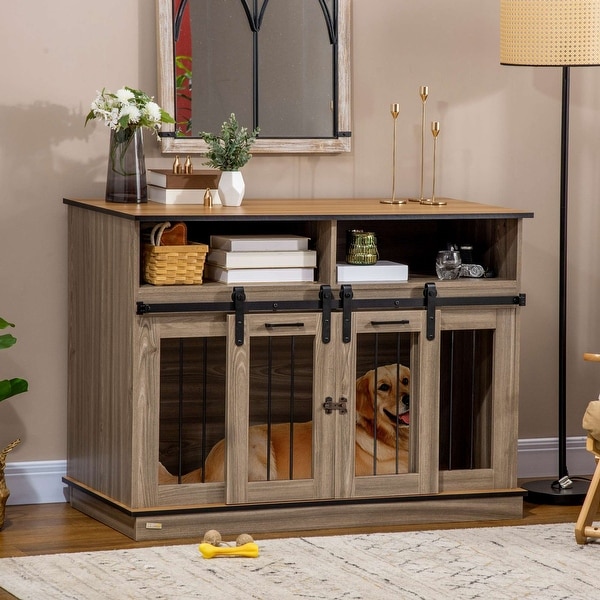 PawHut Size-Changing Dog Crate End Table with Removable Panel and Two Rooms， Shelves and Sliding Doors， Fancy Puppy Furniture