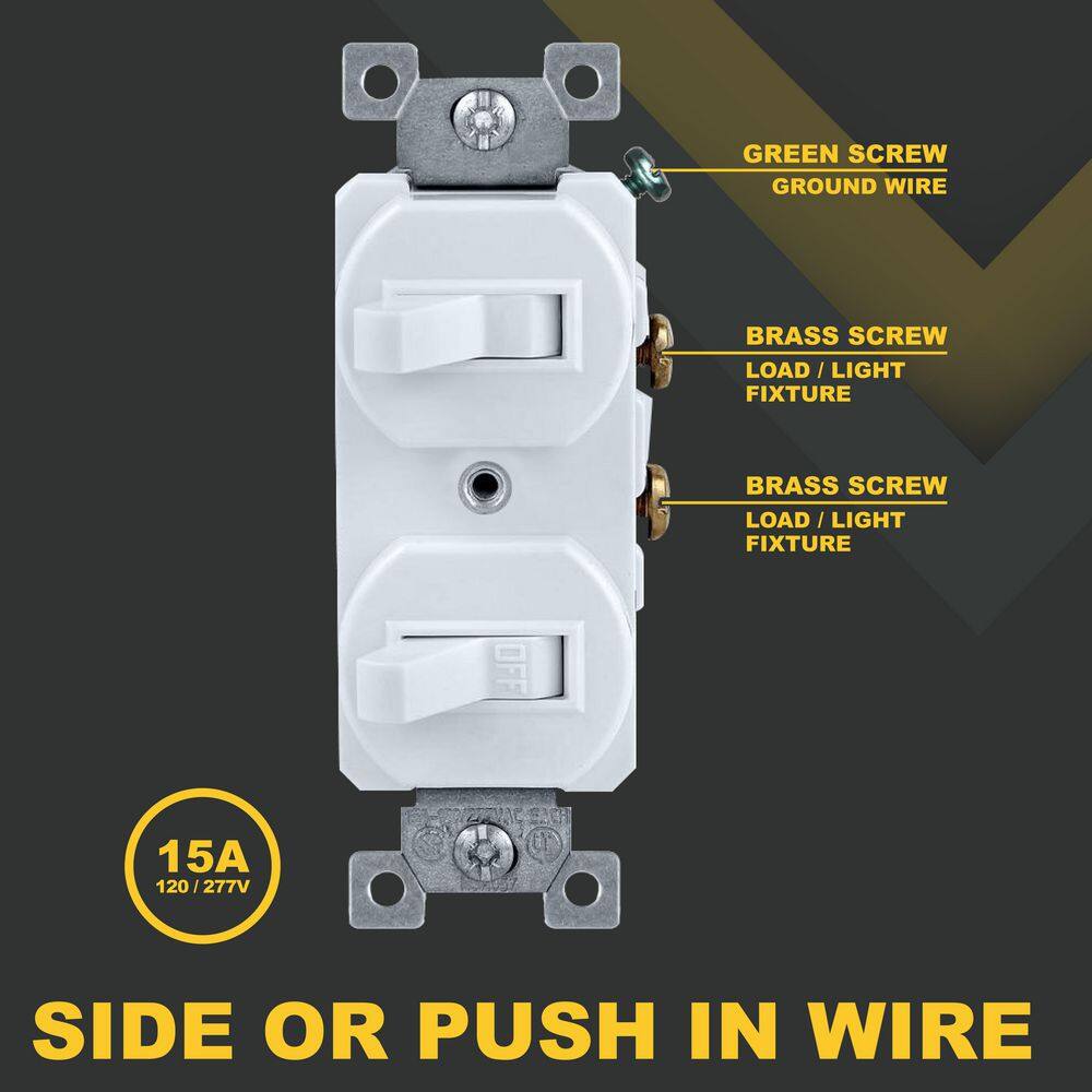 Faith 15Amp 120-Volt Polycarbonate White Single Pole Duplex Toggle Light SwitchStandard Wall Switch w Grounding Screw2-pack SSK5-WH-02