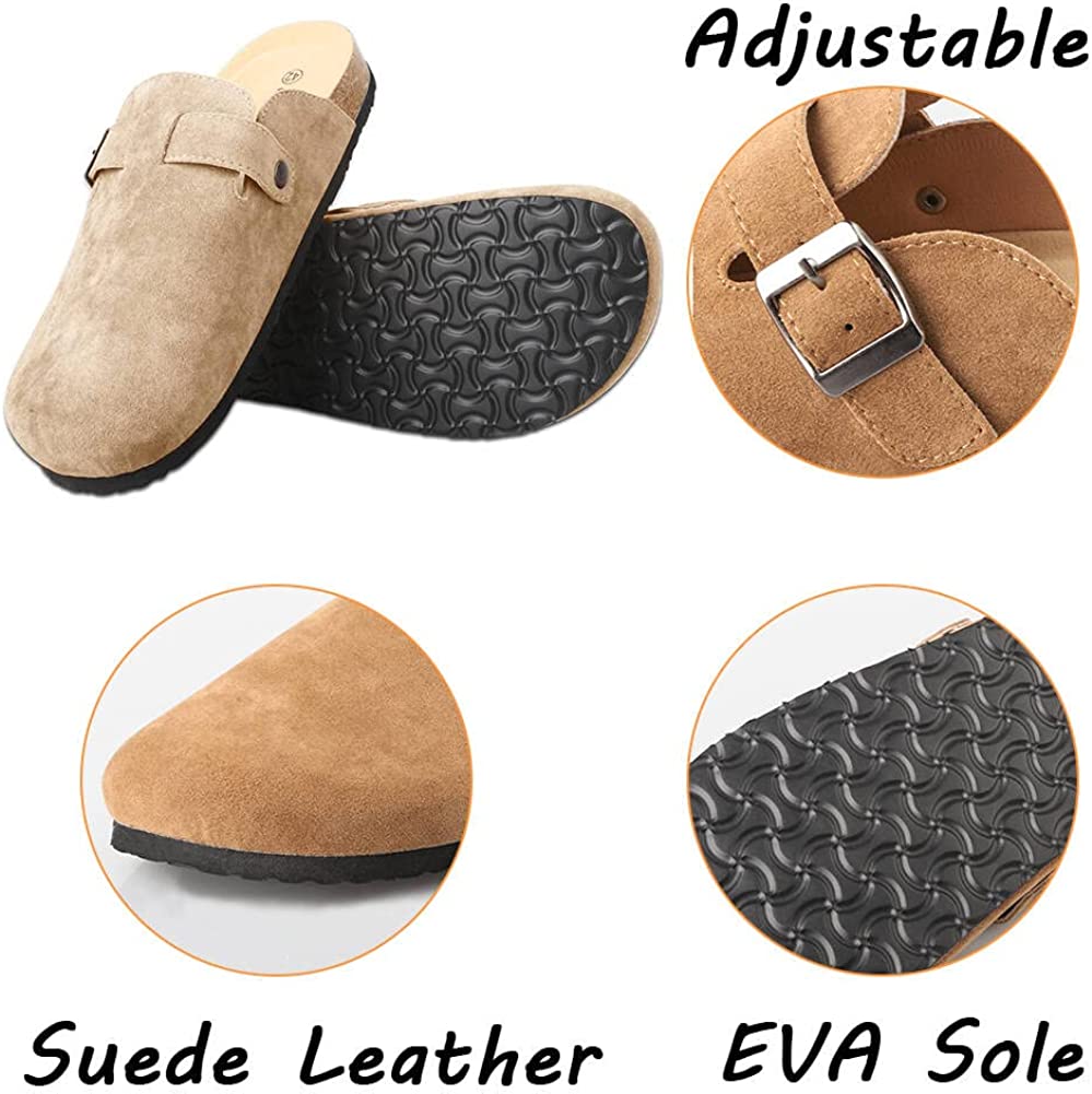 Women Boston Clogs  Suede Soft Leather Clogs Classic Cork Clog Antislip Sole Slippers Waterproof Mules House Sandals with Arch Support and Adjustable Buckle Unisex