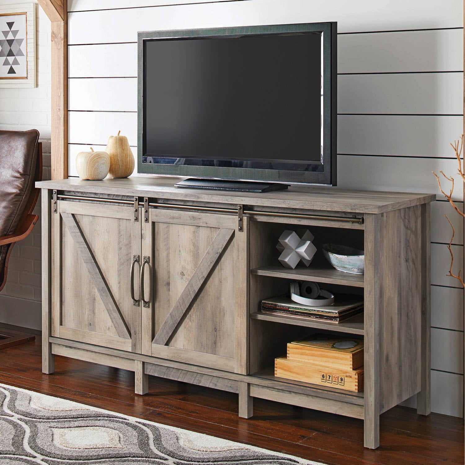 Better Homes & Gardens Modern Farmhouse TV Stand for TVs up to 70, Rustic Gray Finish