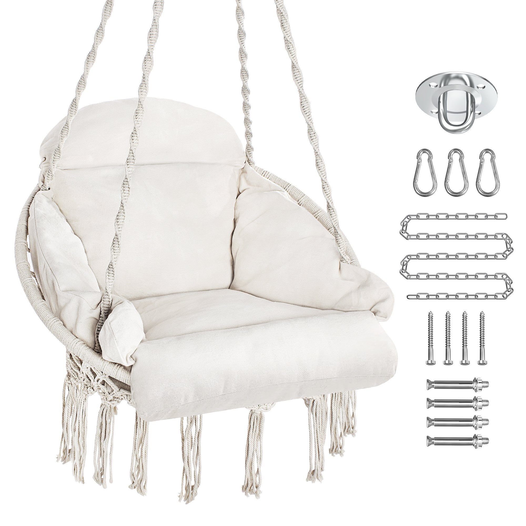 Hanging Hammock Chair, Macrame Hanging Chair 330 Pounds Capacity, Cotton Rope Handwoven Tassels Porch Swing Chair for Bedroom, Living Room, Yard, Garden, Balcony, Indoor / Outdoor