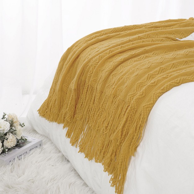 Piccocasa Wavy Pattern Decorative Knit With Tassels Throw Blanket