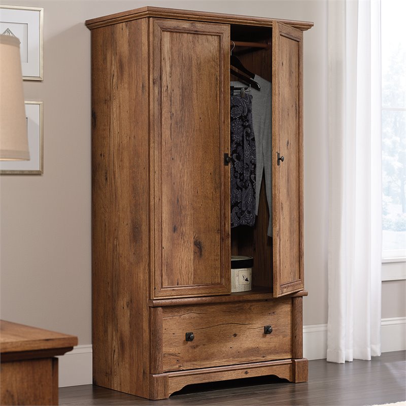 Pemberly Row Contemporary Wood Bedroom Armoire with Garment Rod in Vintage Oak