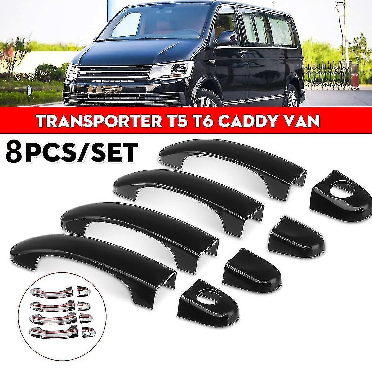 8pcs Set Abs Chrome Door Handle Covers Trim For Transporter T5 T6 Van 2003-2015 Gloss Black