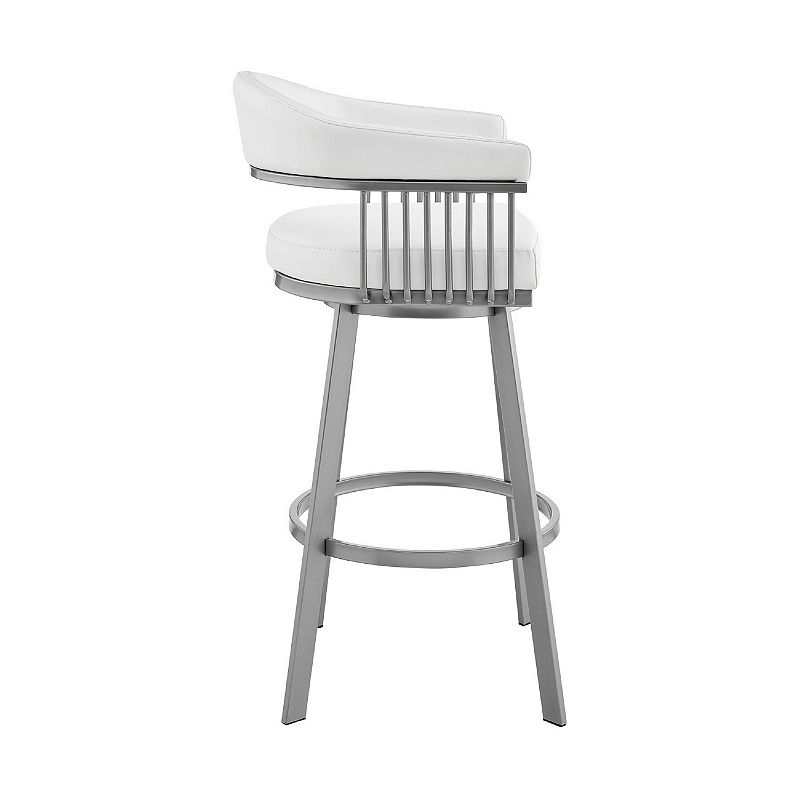 Swivel Barstool with Open Metal Frame and Slatted Arms， White and Silver