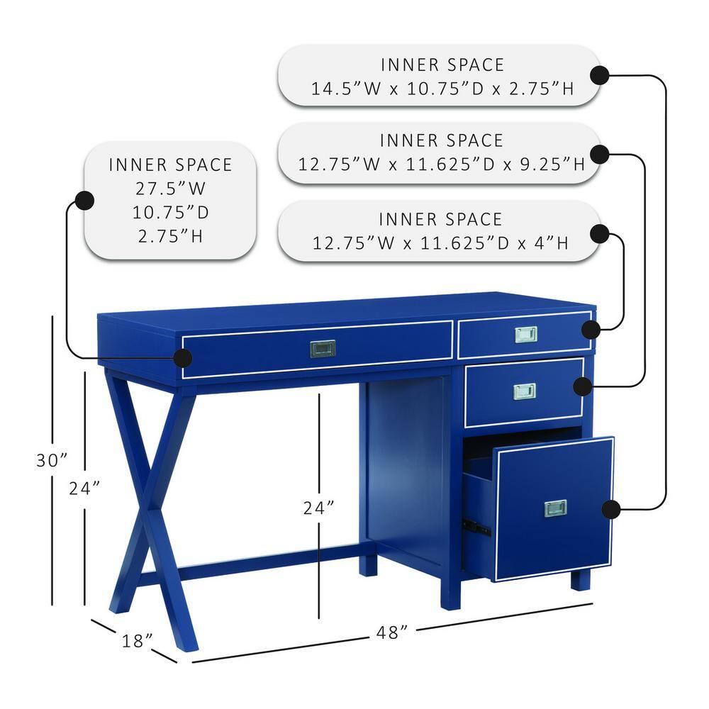 Linon Home Decor Sara 48 in. W Rectangle Navy Blue Wood 4-Drawer Computer Desk with Side Storage THD02966