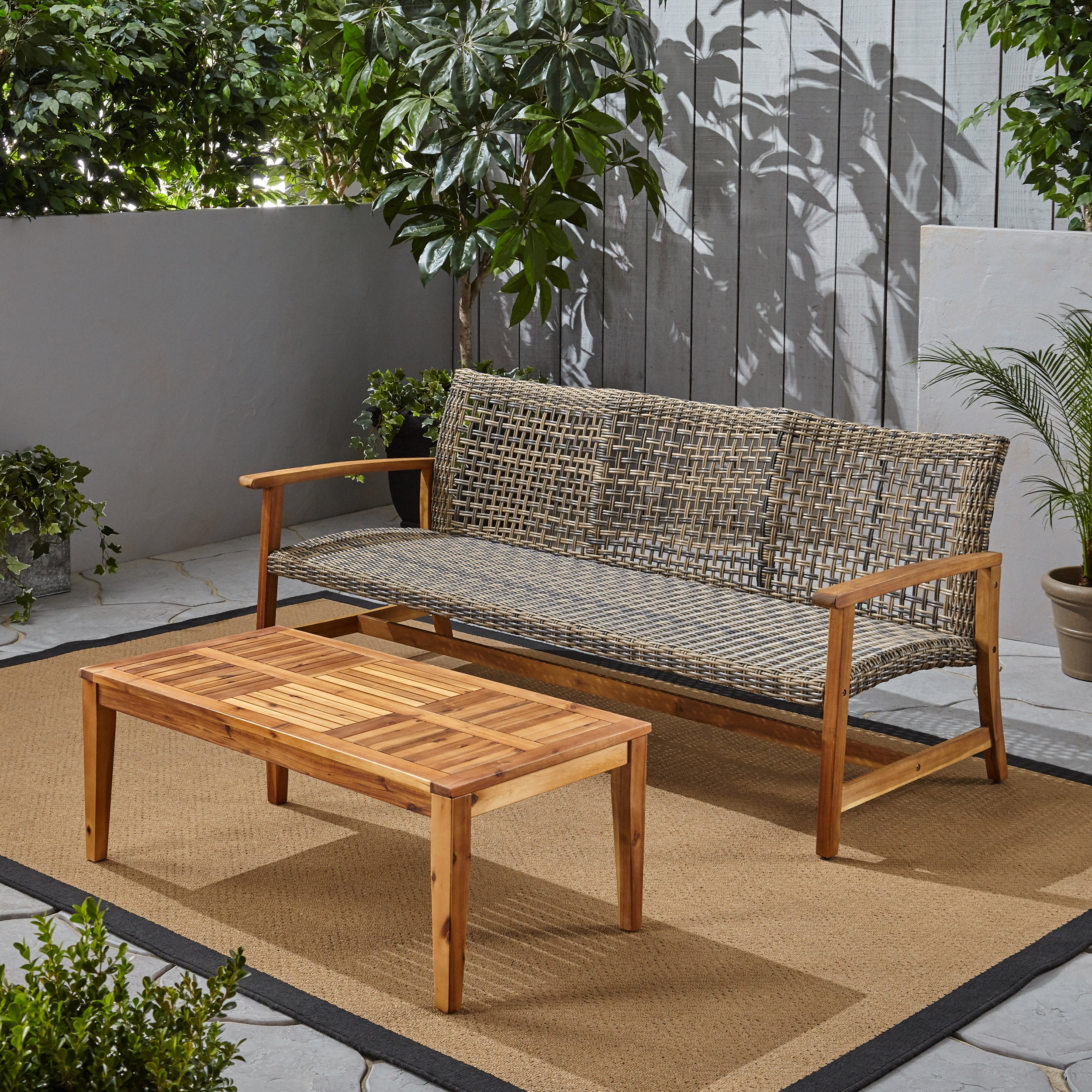 Beacher Belloc Outdoor Wood and Wicker Sofa and Coffee Table Set