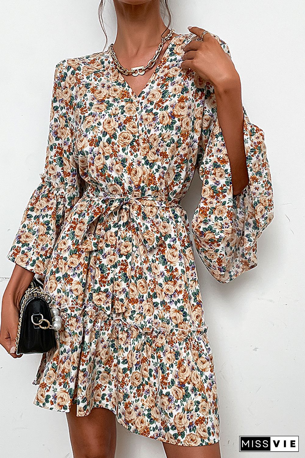 V Neck Floral Flare Sleeves Ruffle Dress