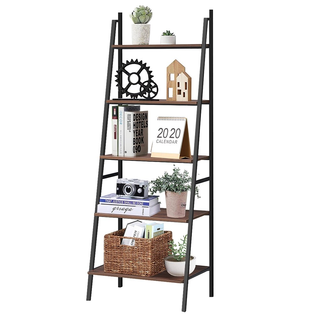 Costway Industrial Ladder Shelf Rustic 5 Tier Leaning Bookshelf Wood   See Details