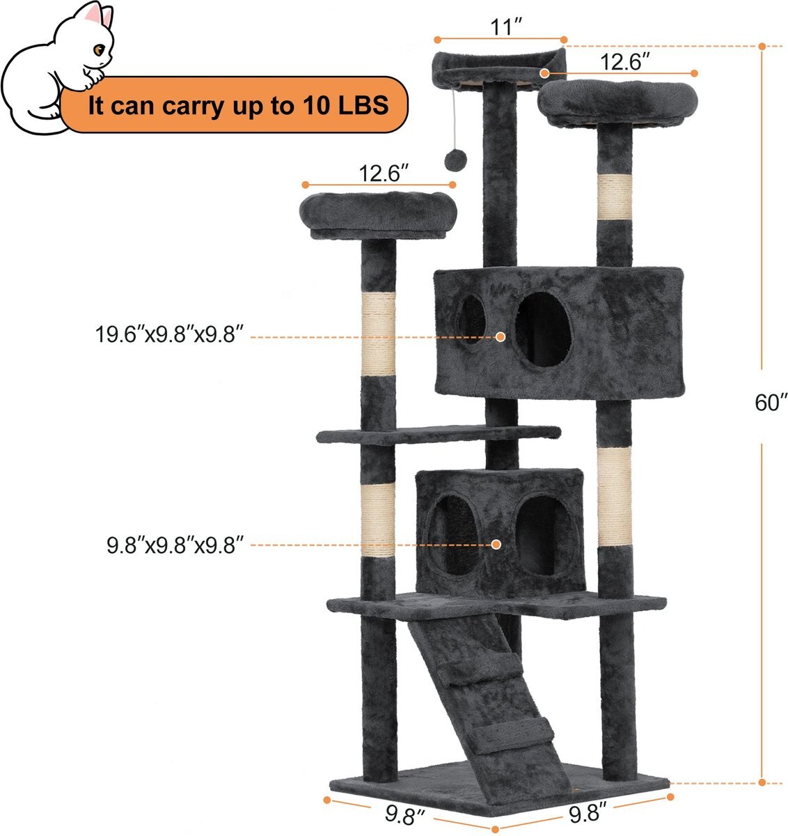 Coziwow 60-in Scratching Posts and Toys Cat Tree and Condo， Grey