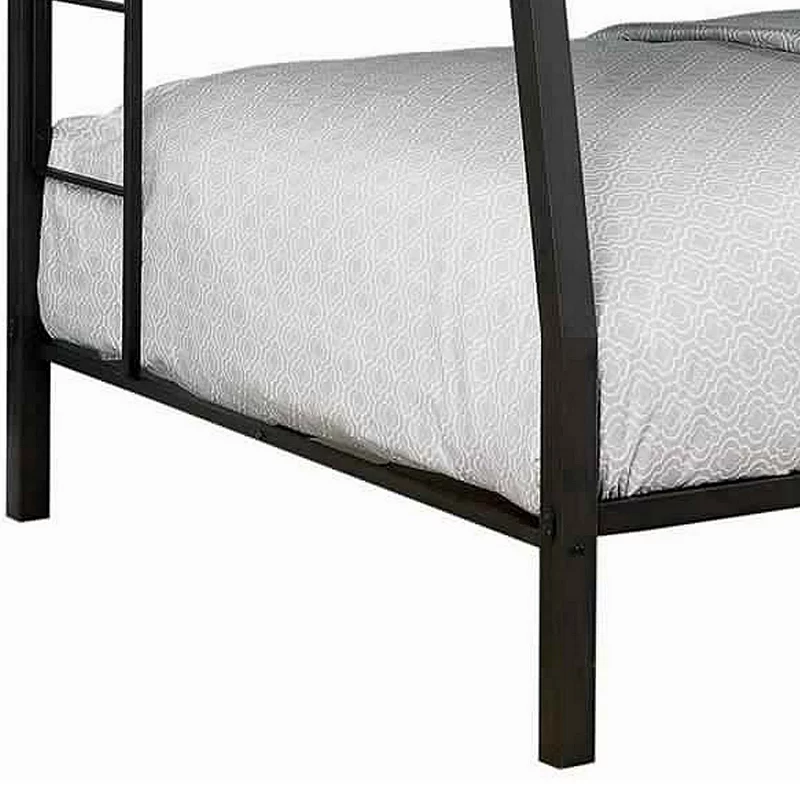 Horizontal Slatted Metal Full Over Queen Bunk Bed with 2 Ladders， Black