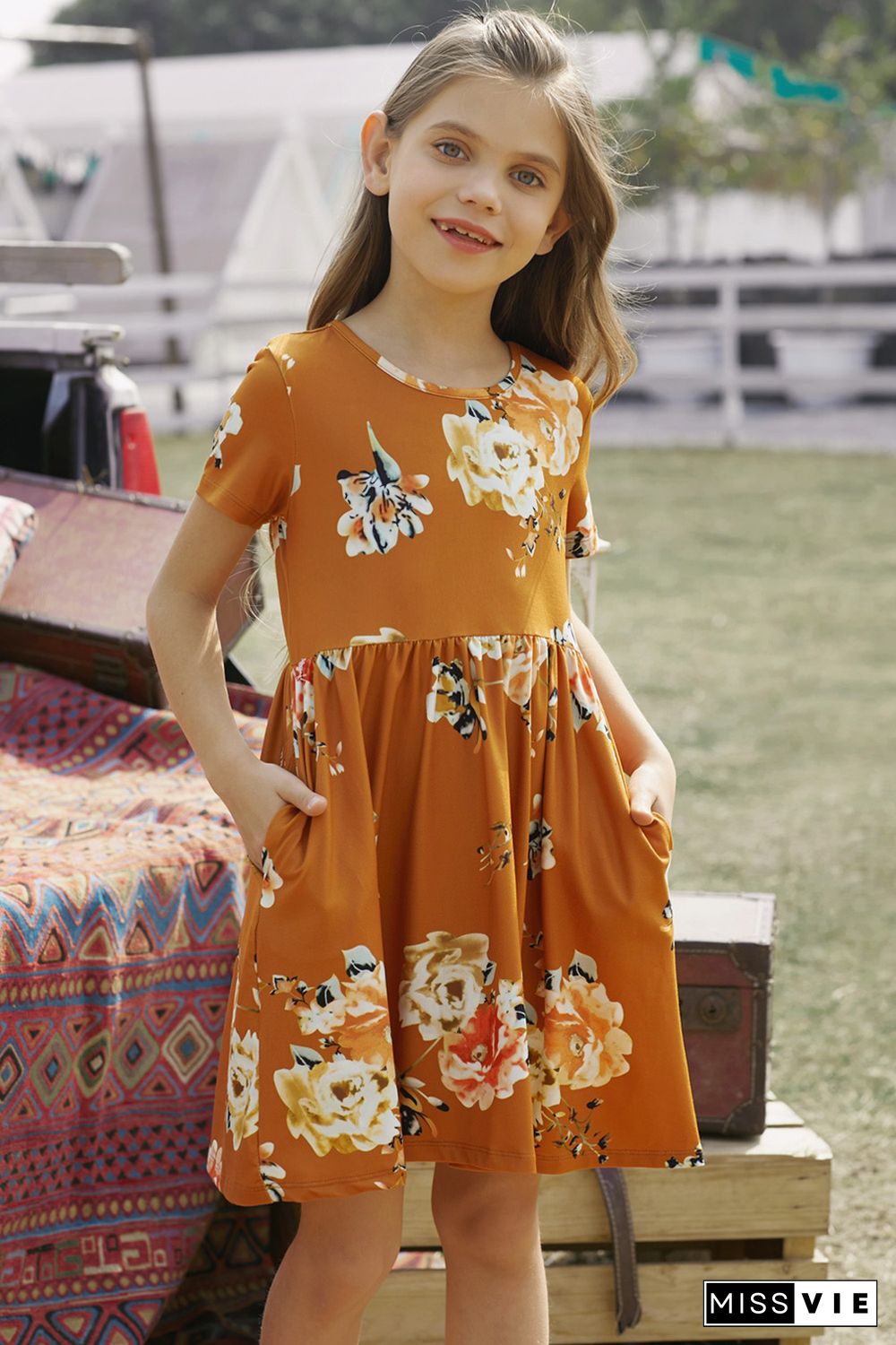 Orange Short Sleeve Pocketed Children's Floral Dress