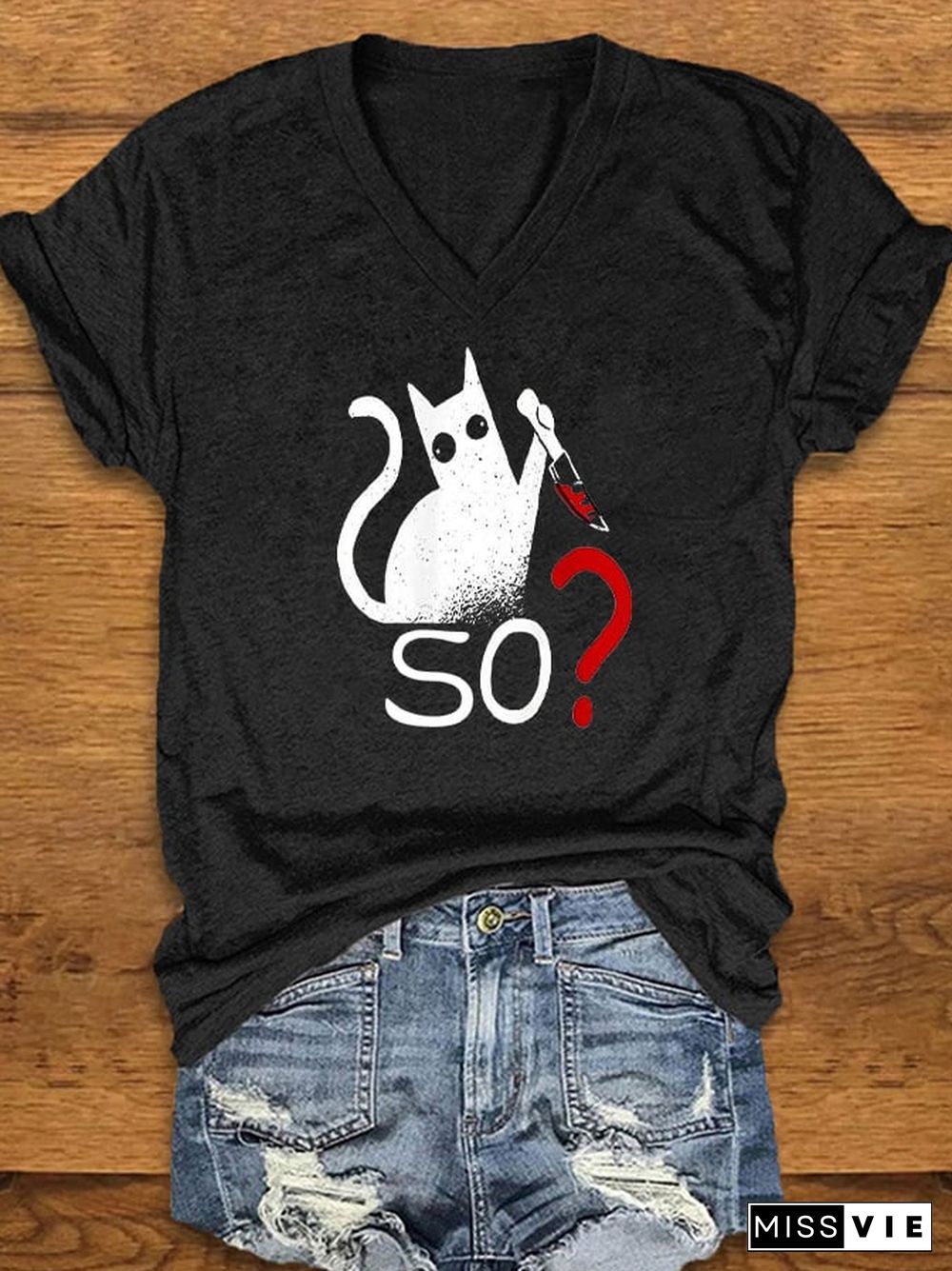 Women's Funny Cat Blood Print T-shirt