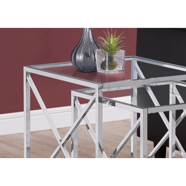 Nesting Table， Set Of 2， Side， End， Accent， Living Room， Bedroom， Clear Tempered Glass， Chrome Metal， Contemporary， Modern