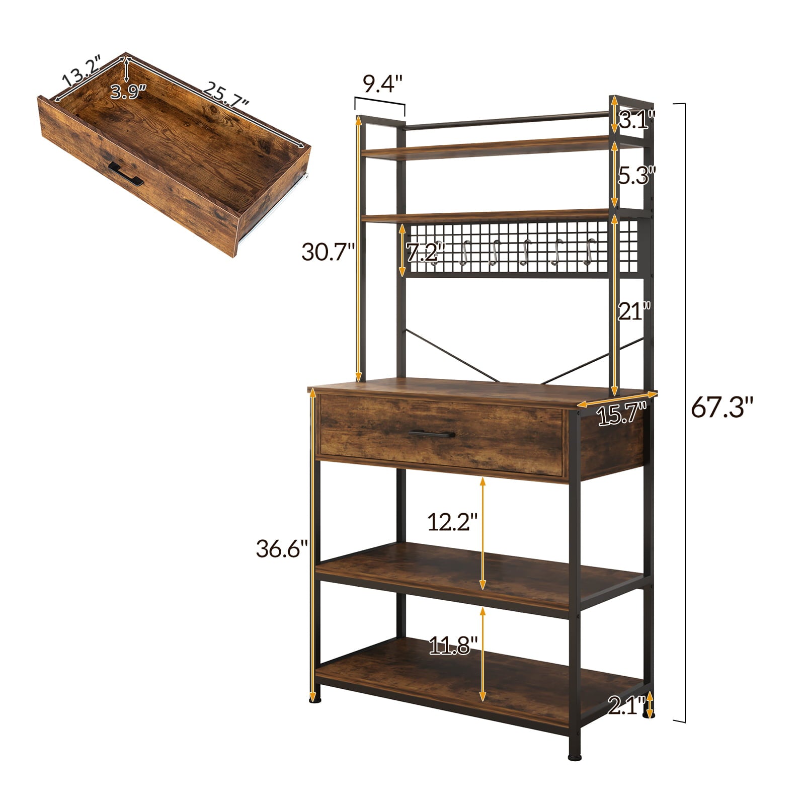 Zimtown 5 Tiers Bakers Rack Industrial Kitchen Island with Storage Drawer， Microwave Oven Cart Coffee Bar Stand W/ Shelf and 10 S-Hooks， Rustic Brown Finish