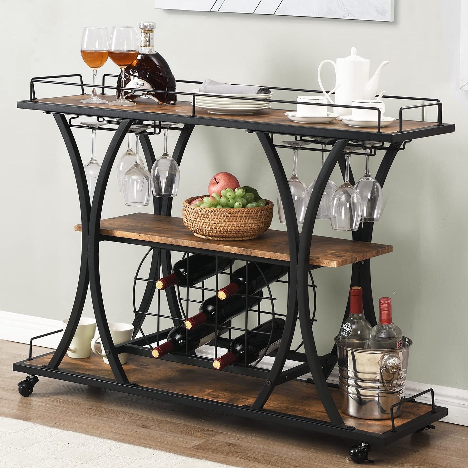 Pareday 3 Tier Bar Cart with Wine Rack， Portable Industrial Coffee Wine Cart with Glass Holder and Storage Shelves for Home Kitchen Dining Room