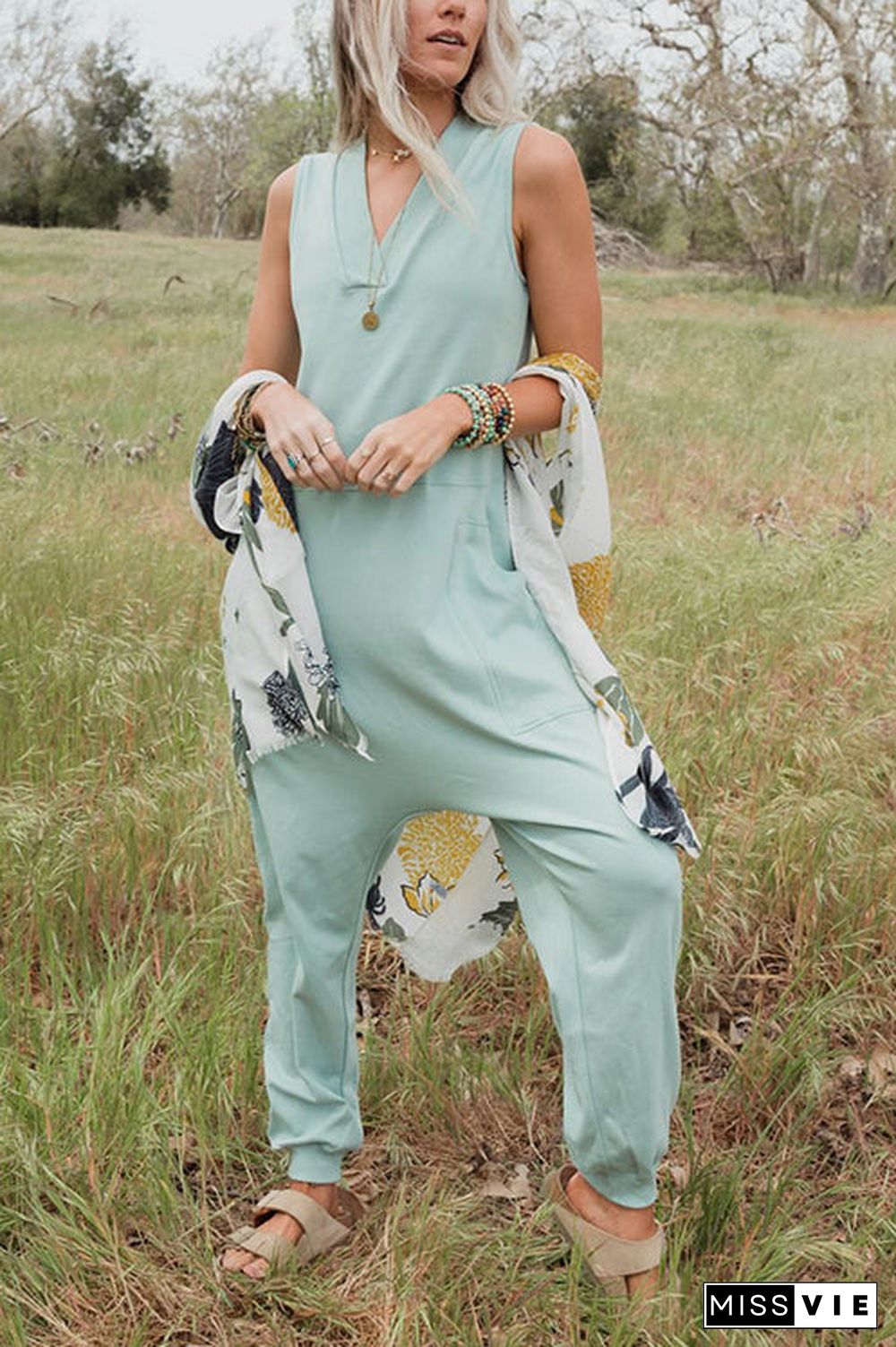 V Neck Solid Sleeveless Pocket Jumpsuit