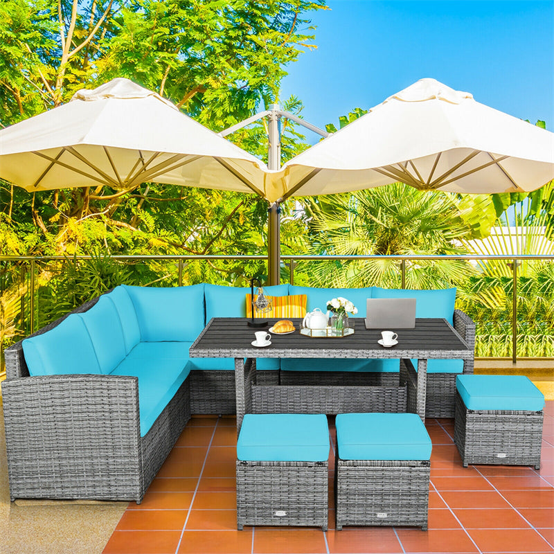 7 Pcs Rattan Patio Dining Furniture Sectional Sofa Set with Dining Table, Ottomans & Cushions