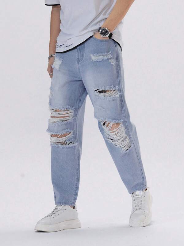 Men Ripped Frayed Tapered Jeans